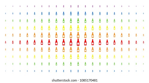 Beer bottle icon spectrum halftone pattern. Vector beer bottle pictograms are organized into halftone array with vertical spectral gradient. Constructed for backgrounds, covers,