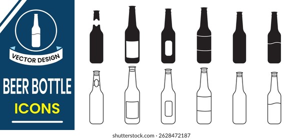 Beer bottle icon, vector set. Wine bottle and glass icon, vector. Champagne bottle and glass icon vector. Silhouette of bottle, out line glass symbol and sign. Vector illustration.