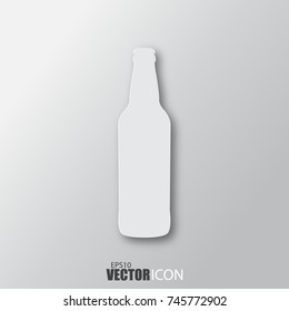 Beer bottle icon in white style with shadow isolated on grey background. For your design, logo. Vector illustration.