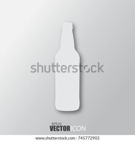 Beer bottle icon in white style with shadow isolated on grey background. For your design, logo. Vector illustration.