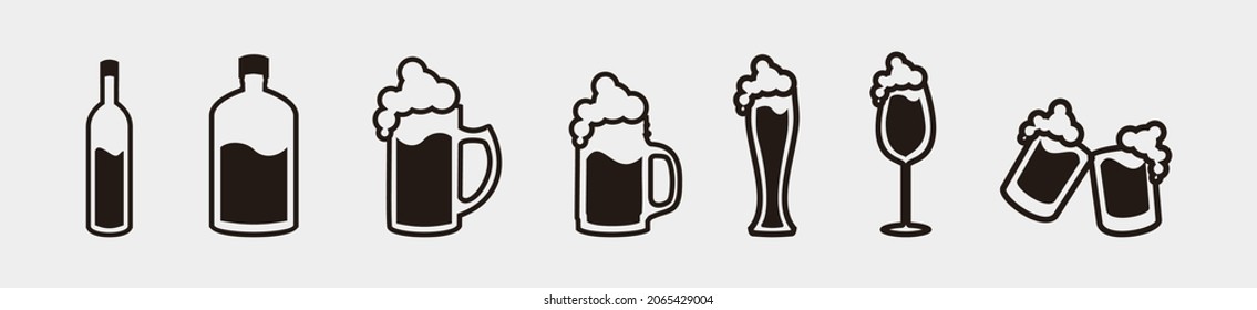 Beer bottle icons set - silhouette wine bottle, wine glass isolated on white background