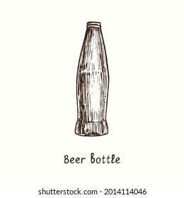 Beer bottle. Ink black and white doodle drawing in woodcut style.