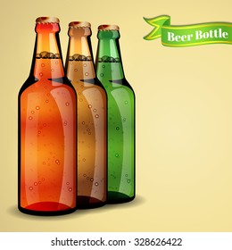 Beer bottle with the inscription depicting realistic bottle of hops and wheat
