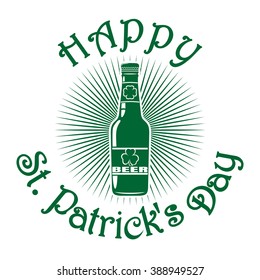 Beer bottle isolated logo. Beer label. Beer bottle with clover leaf. Beer bottle icon isolated on white background. Happy St. Patrick's Day. Green icon on white. Vector illustration.