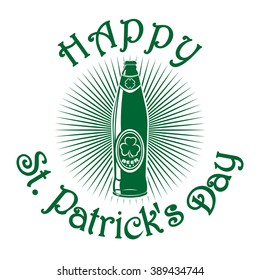 Beer bottle isolated logo. Beer label. Beer bottle with clover leaf. Beer bottle icon isolated on white background. St. Patrick's Day celebration symbol. Green icon on white. Vector illustration.