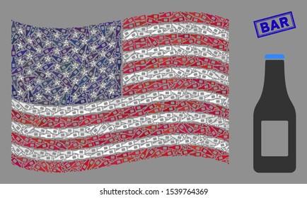 Beer bottle items are combined into American flag abstraction with blue rectangle distressed stamp seal of Bar text. Vector collage of American waving flag is combined with beer bottle elements.