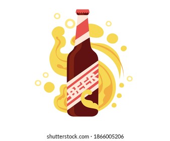 Beer bottle with label and abstract beer flowing around bottle flat vector illustration on white background