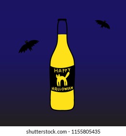 Beer Bottle with Label Cat surrounded by Bats at Night for Halloween day