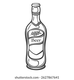 Beer bottle with label and wheat symbol in doodle outline style. Hand drawn alcohol drink element. Vector illustration for bar decor, pub menu, or packaging design.