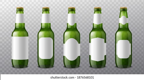 Beer bottle labels. 3d realistic green glass bottles with different blank label options templates, alcohol drink pack mockup. Vessel for branding, product advertising template, vector isolated set