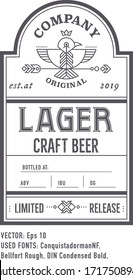 Beer bottle labels with vintage retro design, Lager. Craft beer product - bird emblem. Monochrome, black on white. Home brewing