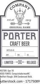 Beer bottle labels with vintage retro design, Porter. Craft beer product - goat emblems. Monochrome, black on white. Home brewing