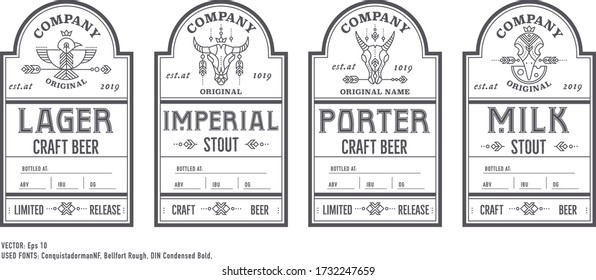 Beer bottle labels with vintage retro design. Craft beer product - cow, goat, bird emblems. Monochrome, black on white. Home brewing