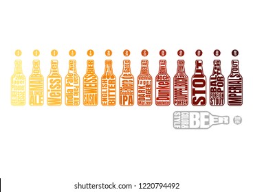 Beer bottle with lettering. Beer chart Infographic of style and Color based on SRM and EBC Standard. 