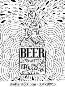 Beer bottle with lettering on the doodle background. Can be used for posters, t-shirt prints. EPS 10 vector.