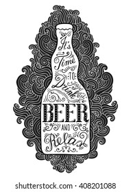 Botella de cerveza con letras en el fondo del doodle. Dibujo conceptual de la EPS 10 vectorial de alimentos y bebidas. Se puede usar para carteles, postales, estampados de camisetas.  Aislado en blanco.