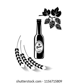 Beer Bottle Logo Barrel Pub Bar Tavern Brewery Barley Brewing Alcoholic Food Ribbon Label black and white