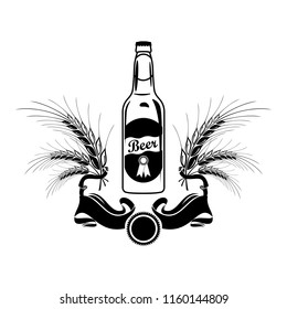 Beer Bottle Logo Barrel Pub Bar Tavern Brewery Barley Brewing Alcoholic Food Ribbon Label black and white