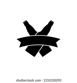 Beer bottle logo design. Two crossed beer bottles and ribbon banner. Black and white silhouette. Isolated vector illustration on white background.