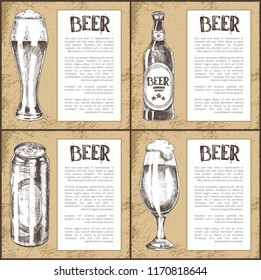 Beer bottle and metal can, pilsner and tulip glass with foam vintage hand drawn vector illustration. Sketch style poster with text for brew house.