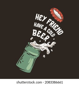 Beer bottle with metal cap and foam for print. Original brew design of bottle beer with froth and cork for bar