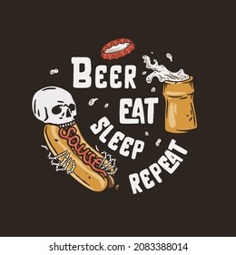 Beer bottle with mettal cap and hot dog with skull for print. Original brew design of bottle with froth and skeleton hand for bar