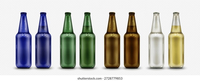 Mockups de garrafa de cerveja conjunto isolado em fundo transparente. Ilustração vetorial realista de recipiente de vidro azul, verde, marrom, branco para bebida alcoólica ou refrigerante carbonatado com tampa de estanho