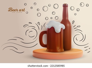 Beer bottle and mug in 3d realistic style with funny doodle hand drawn elements. Creative cartoon design composition in modern style. Template for banner, cover, poster. Vector illustration.
