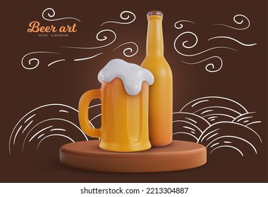 Beer bottle and mug in 3d realistic style with funny doodle hand drawn elements. Creative cartoon design composition in modern style. Template for banner, cover, poster. Vector illustration.