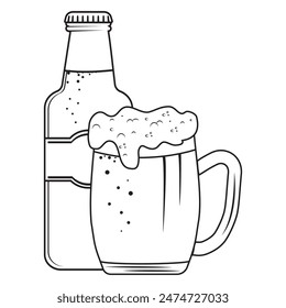 Beer bottle and beer mug black outline, doodle style, isolated vector illustration on white background