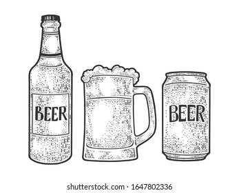 Beer bottle mug can sketch engraving vector illustration. T-shirt apparel print design. Scratch board imitation. Black and white hand drawn image.