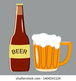 Beer bottle and beer mug color isolated image. Vector icon of beer bottle and beer mug