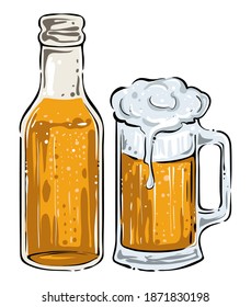 Beer bottle and mug, color, vector