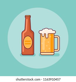 Beer bottle and mug flat line icon. Vector illustration.