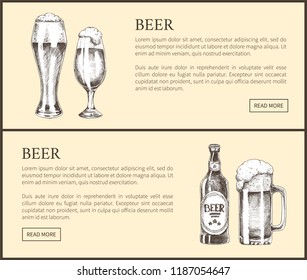 Beer bottle and mug with foam, pilsner and tulip glass vintage hand drawn vector illustration. Sketch style landing page with text for brew house.