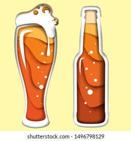 Beer bottle and mug with foam, vector illustration in paper art modern craft style. Creative beer composition for brewery, beer festival, menu, poster, banner etc