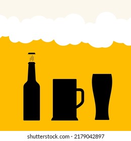 Beer bottle, mug and glass silhouettes. Yellow beer background. Oktoberfest, beer festival. Beer foam. Flat vector illustration.