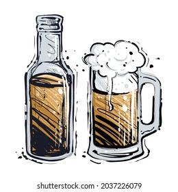 Beer bottle and mug, hand drawn color vector illustration