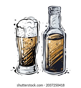 Botella de cerveza y taza, ilustración del vector de color dibujado a mano