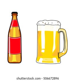 Beer bottle and mug of beer. Beer icon. Beer design element. Cartoon style beer. Hand drawing alcohol. Vector illustration beer. Beer party. Beer background. Beer poster.