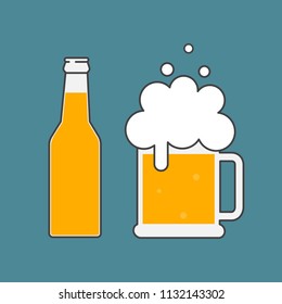 Beer bottle and mug of beer. Beer icon. Mock up glass beer. Symbol Template Logo. Isolated vector illustration.