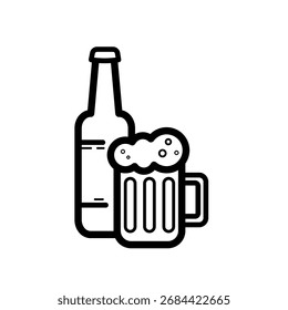 Botella de cerveza y taza - icono de Vector de línea