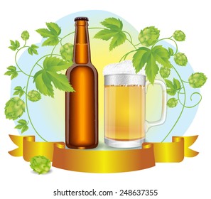 A beer bottle and a mug of beer on the background of hops and motto ribbon