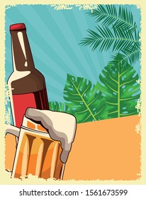 beer bottle and mug over tropical leaves and retro style background, colorful design , vector illustration