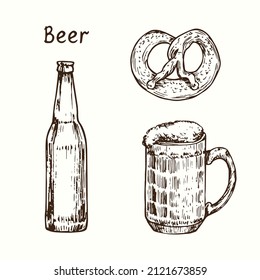 Beer bottle, mug and pretzel. Ink black and white doodle drawing in woodcut style.