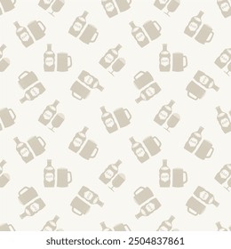 Beer bottle and beer mug seamless vector pattern background. Hand-drawn alcoholic drinks bottles and frothy glasses backdrop. Retro style neutral beige white ecru repeat for bar, business, festival