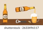 Beer bottle and beer mug vector. Clipart of pouring beer from bottle to mug. Brown amber craft or traditional beer bottle flat vector in cartoon style isolated on table background.