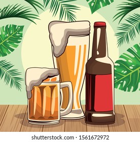 beer bottle and mugs over tropical leaves and retro style background, colorful design , vector illustration