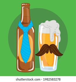 Beer bottle with a necktie and a drinking glass with a mustache