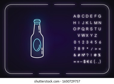Beer bottle neon light icon. Outer glowing effect. Sign with alphabet, numbers and symbols. Drinking establishment, bar, night club pub, tavern. Alcohol beverage vector isolated RGB color illustration